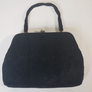 Beautiful Vintage Safco Small Black Beaded Bag Purse Made in Japan Kiss Closure
